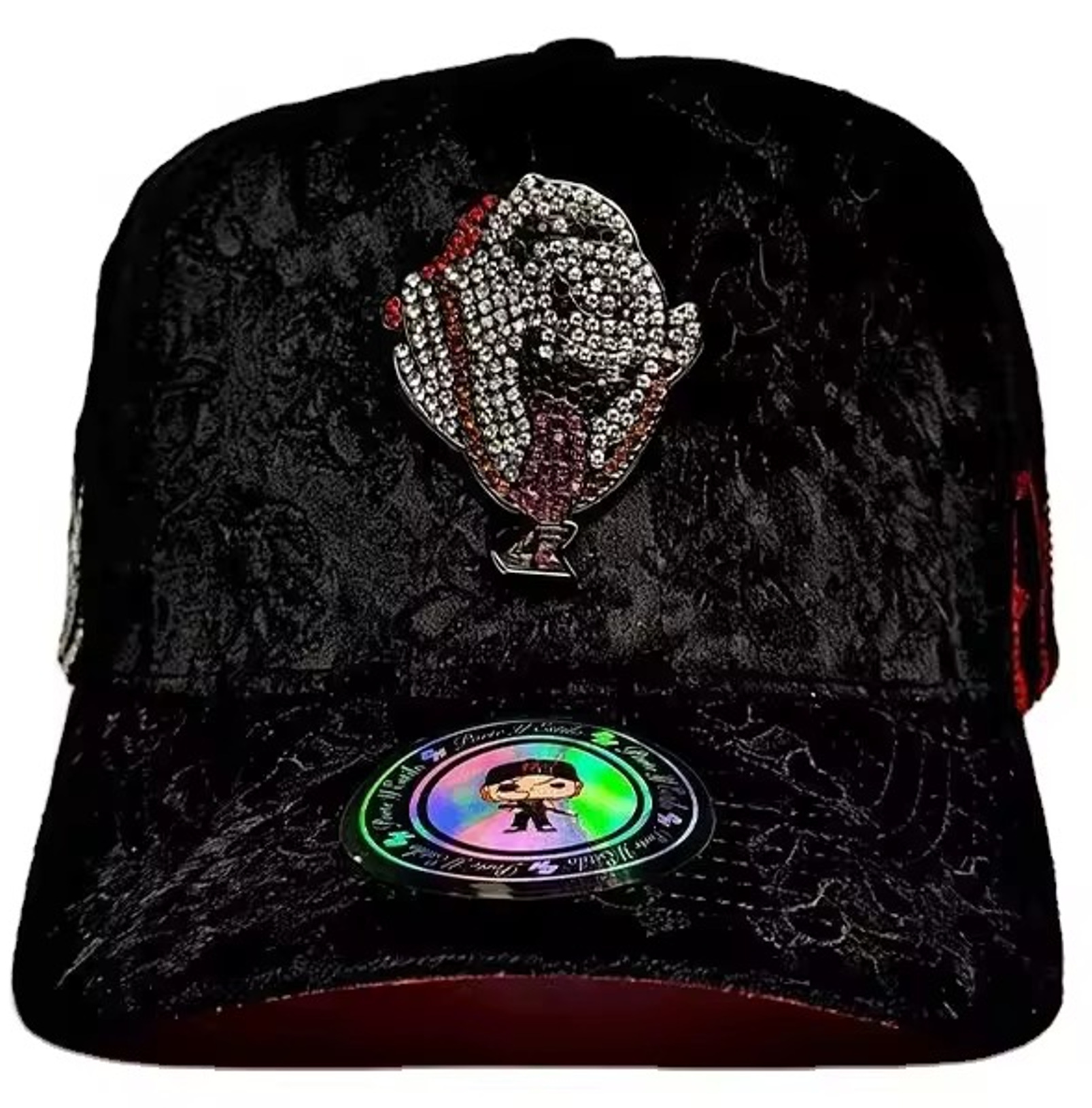 Ei Boo black embossed velvet baseball cap featuring iced-out multi-color rhinestone ghost graphic for luxury Y2K streetwear