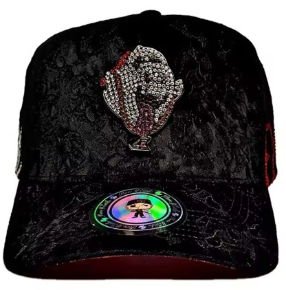 Ei Boo black embossed velvet baseball cap featuring iced-out multi-color rhinestone ghost graphic for luxury Y2K streetwear