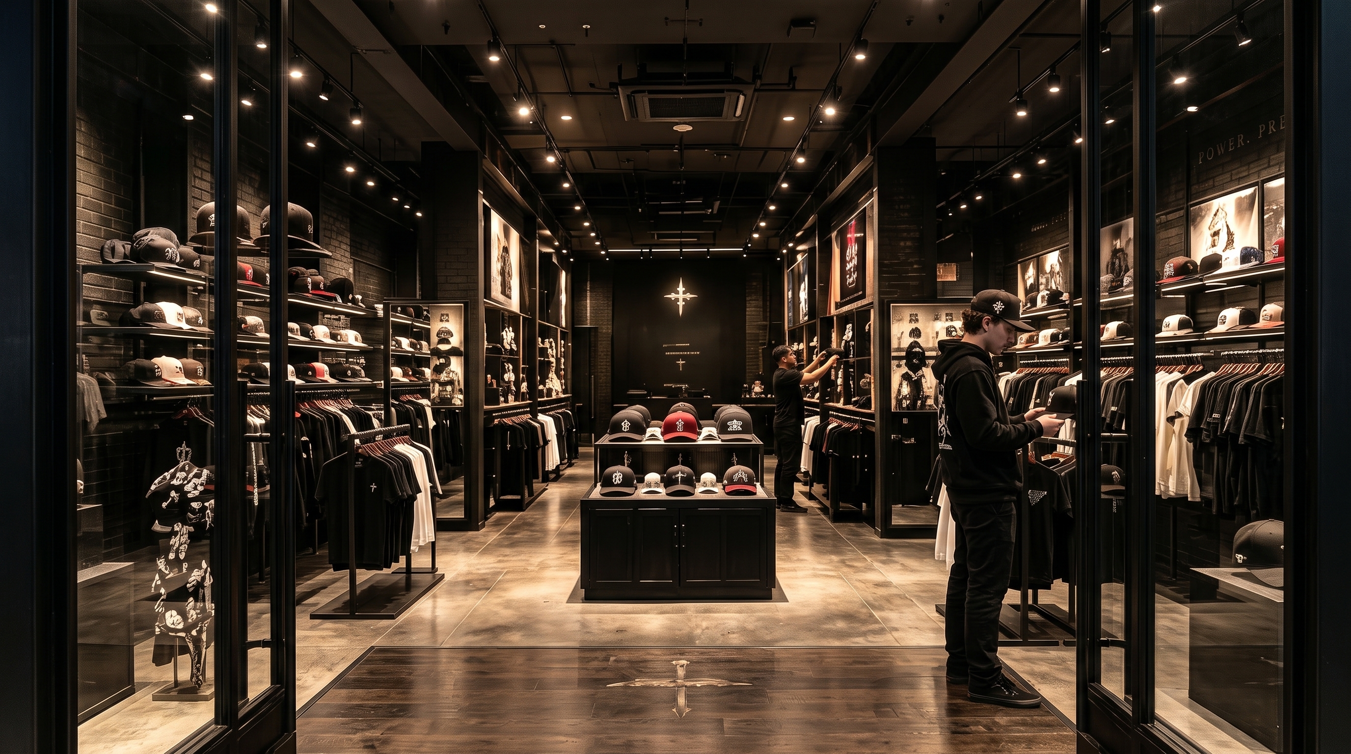 Boostbom retail interior concept showing caps and streetwear displays