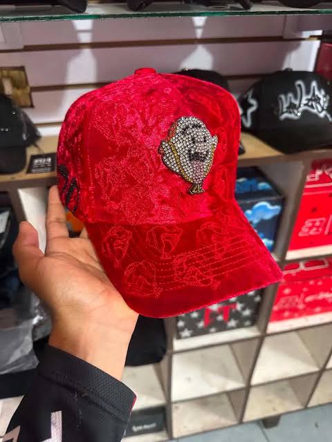 Ei Boo plush crimson velvet cap with glittering crystal ghost graphic for urban hip-hop streetwear