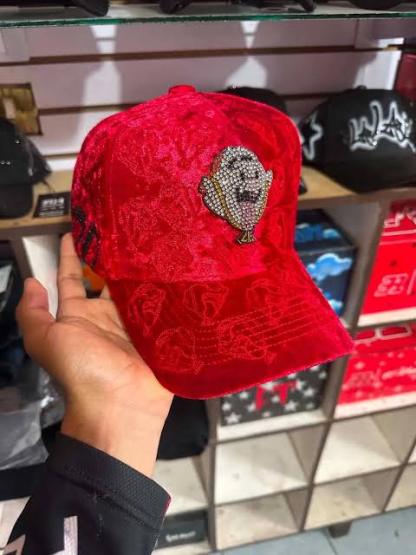 Ei Boo plush crimson velvet cap with glittering crystal ghost graphic for urban hip-hop streetwear
