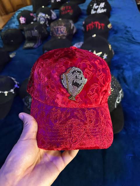 Ei Boo plush crimson velvet cap with glittering crystal ghost graphic for urban hip-hop streetwear