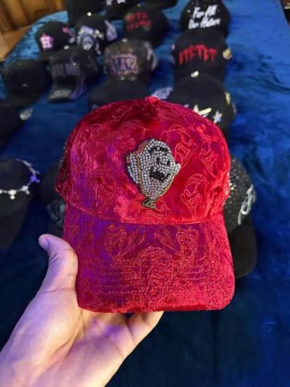 Ei Boo plush crimson velvet cap with glittering crystal ghost graphic for urban hip-hop streetwear