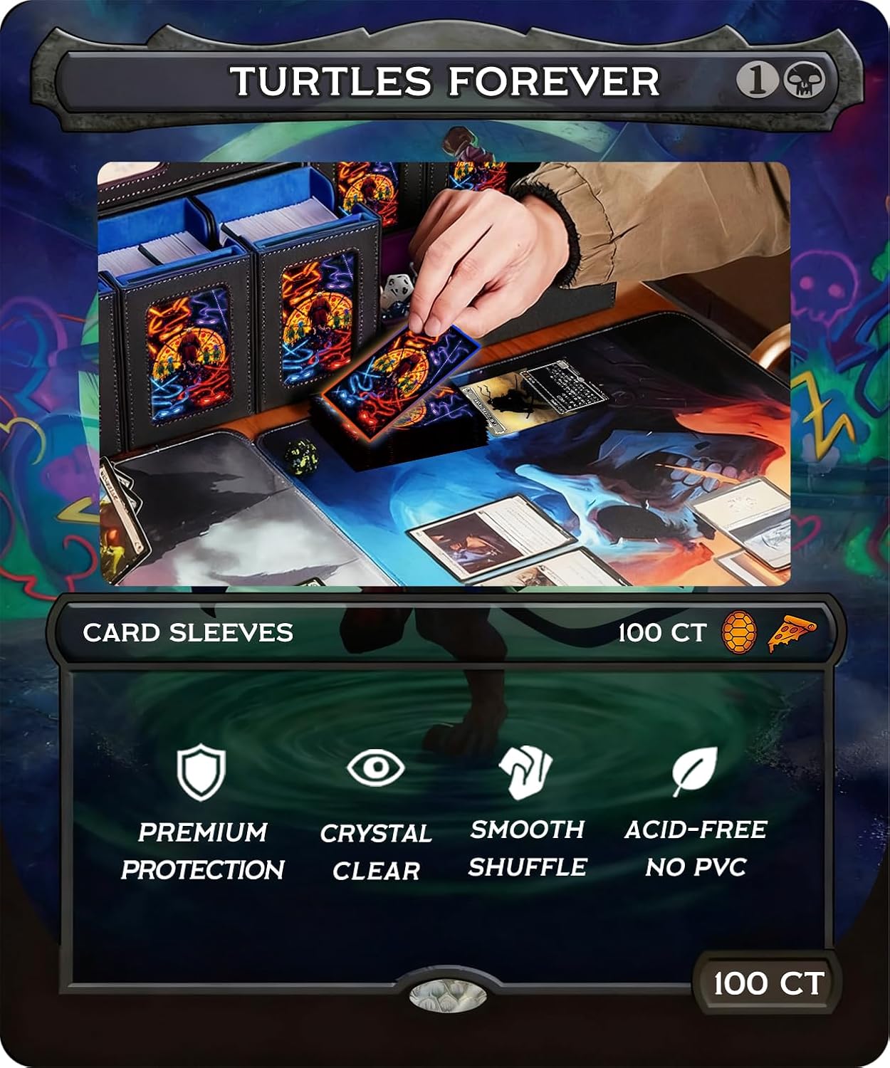 MTG Card Sleeves 100 Pcs Turtles Forever Textured Back Art Sleeves Deck Protector, HD Clear Front & Matte Back, Ultra-Durable, Smooth Shuffle Standard Size Card Sleeves Fit TCG MTG Cards