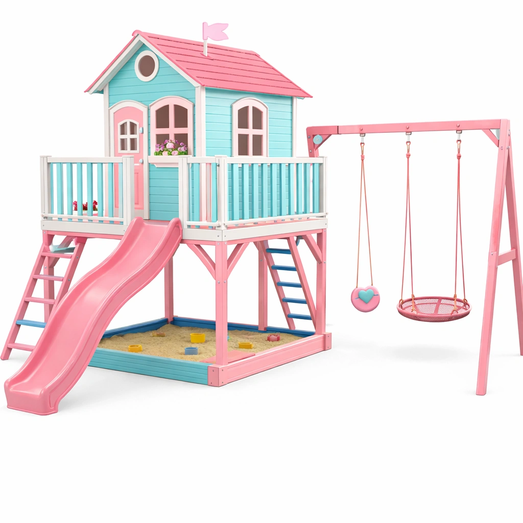 Aire de jeu cabane pastel avec toboggan et balan?oire-norqiro