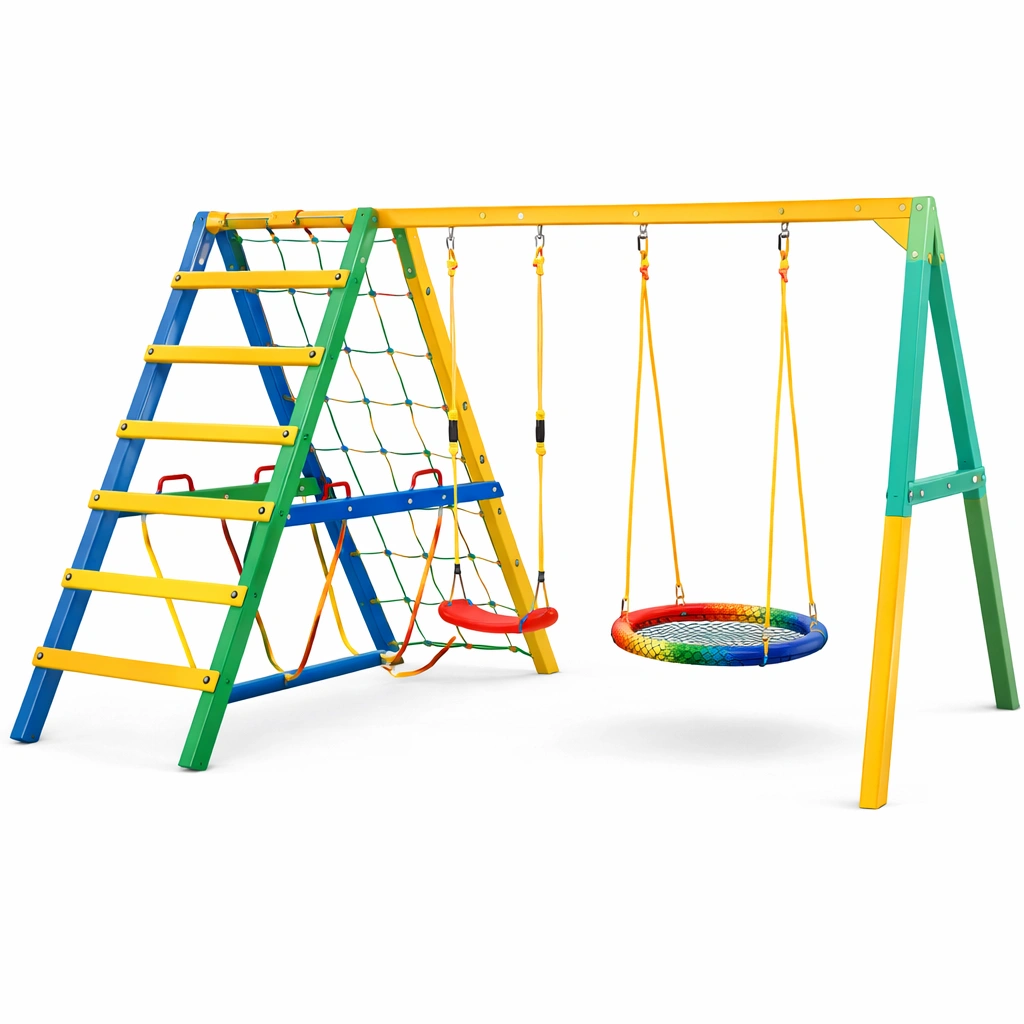 Portique escalade multicolore avec balan?oires et filet-norqiro