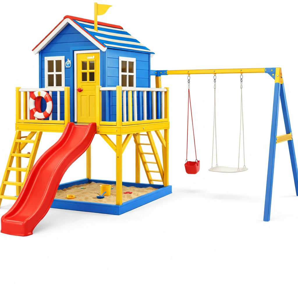 Cabane aire de jeu bleu jaune avec toboggan et balan?oire-norqiro