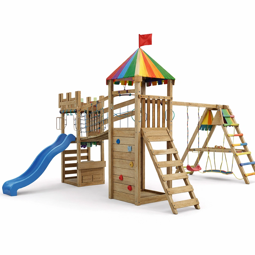 Aire de jeu bois naturel avec tour filet et toboggan-norqiro