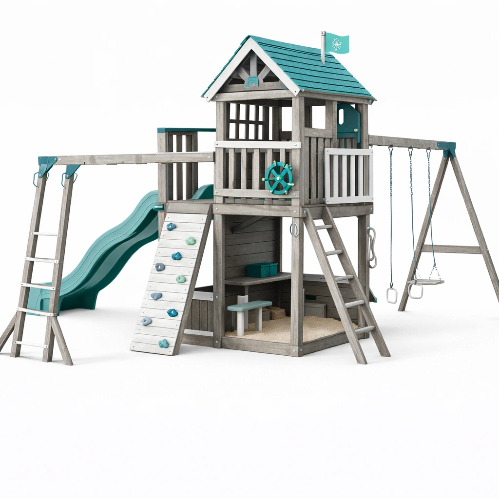 Cabane aire de jeu gris vert avec mur escalade et balan?oires-norqiro