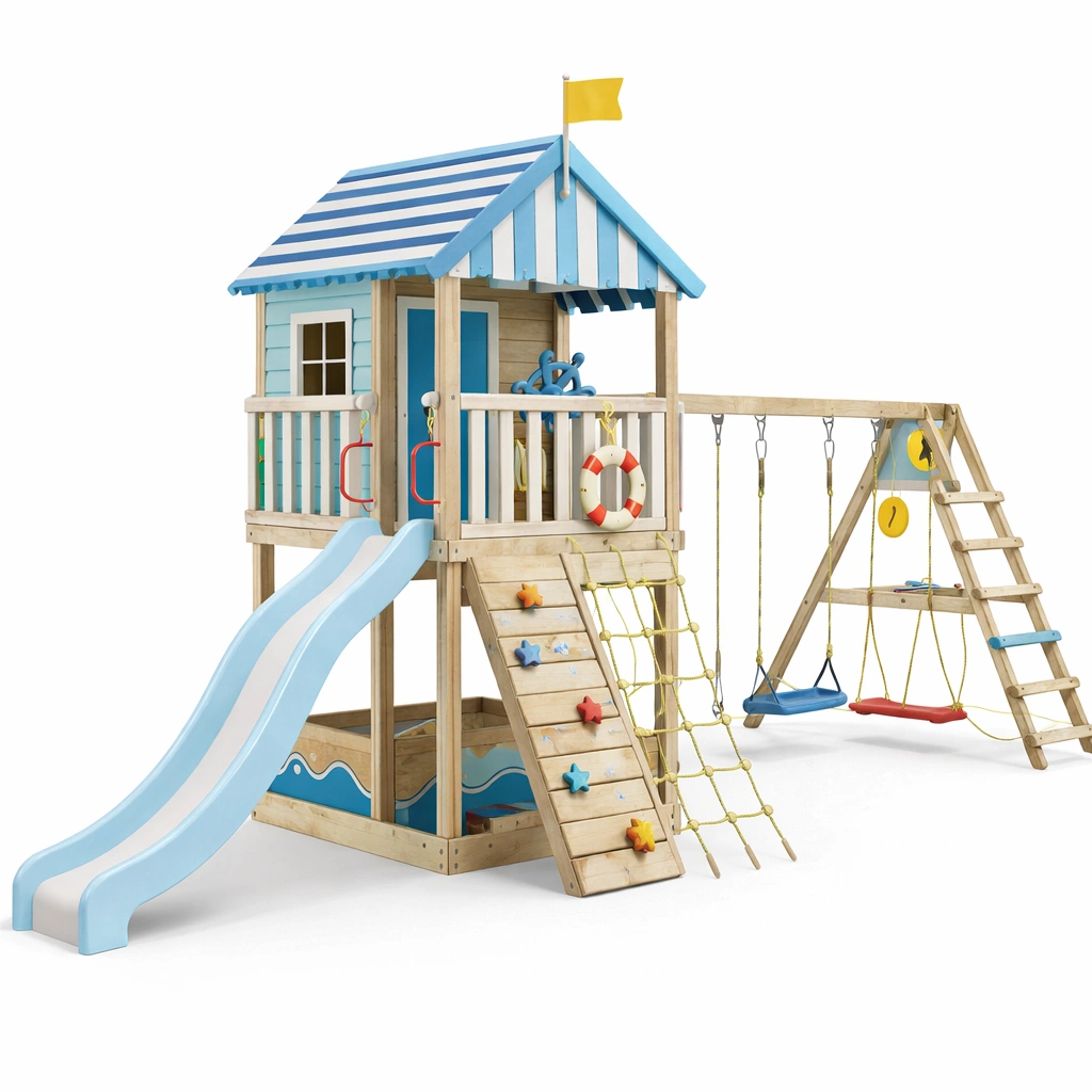 Cabane aire de jeu bois bleu avec toboggan et balan?oires-norqiro