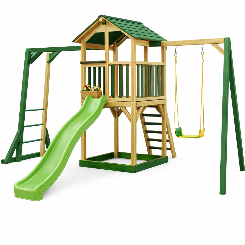 Aire de jeu bois vert avec toboggan et balan?oire simple-norqiro