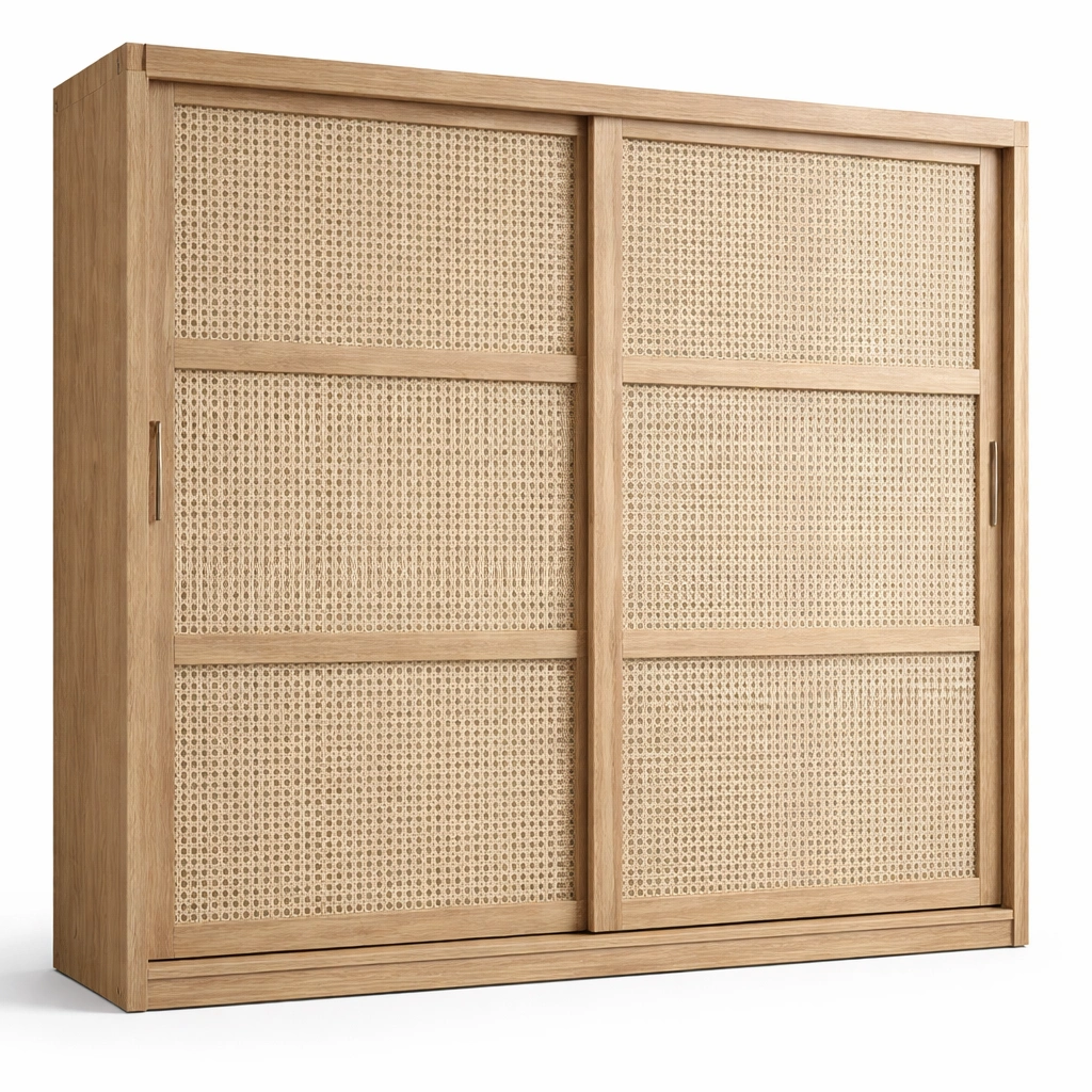 Armoire portes coulissantes bois avec panneaux cannage-norqiro