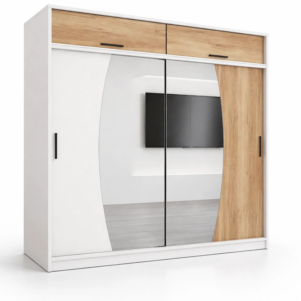 Armoire portes coulissantes miroir et bois clair avec tiroirs-norqiro