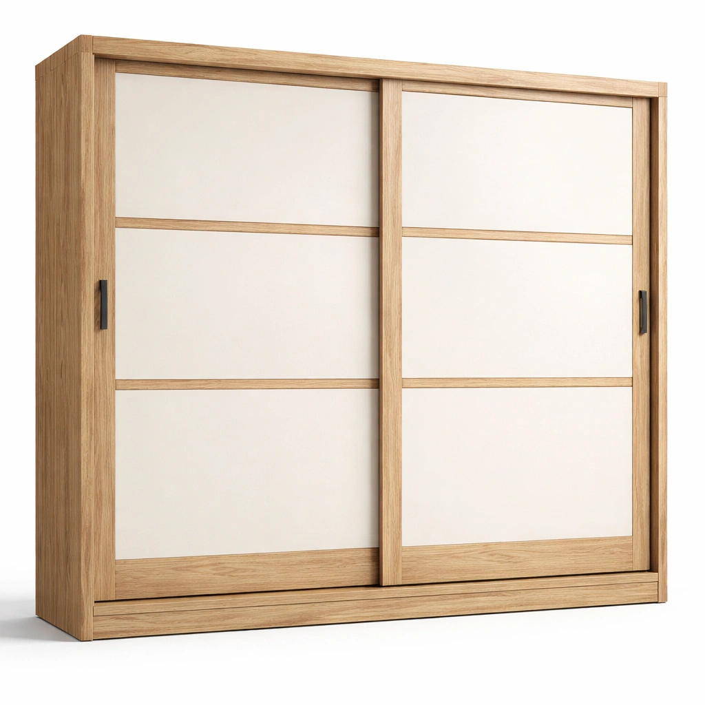 Armoire portes coulissantes bois clair et panneaux sobres-norqiro
