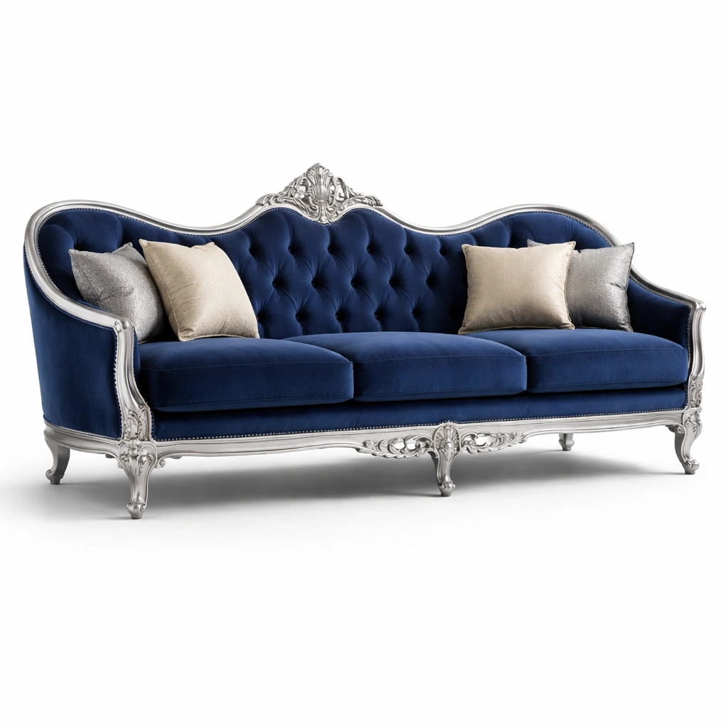 Canap classique velours bleu avec structure sculpte-norqiro