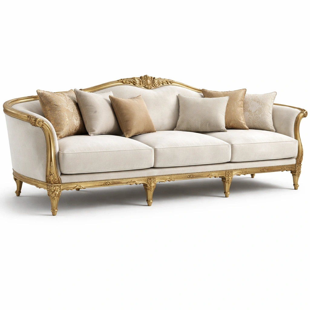 Canap classique tissu beige cadre dor sculpt-norqiro