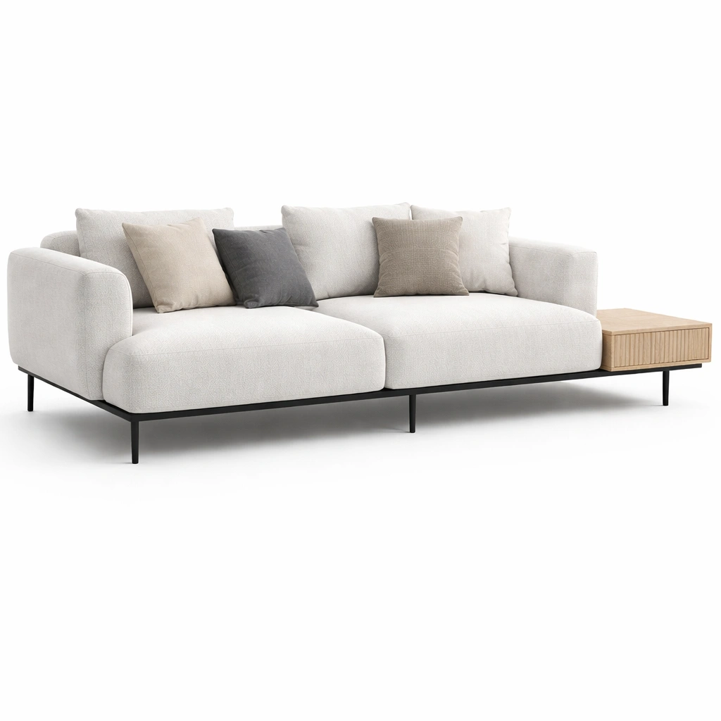Canap moderne tissu clair avec module table latrale-norqiro