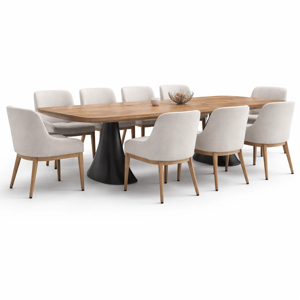 Table repas rectangulaire bois avec huit chaises tissu-norqiro