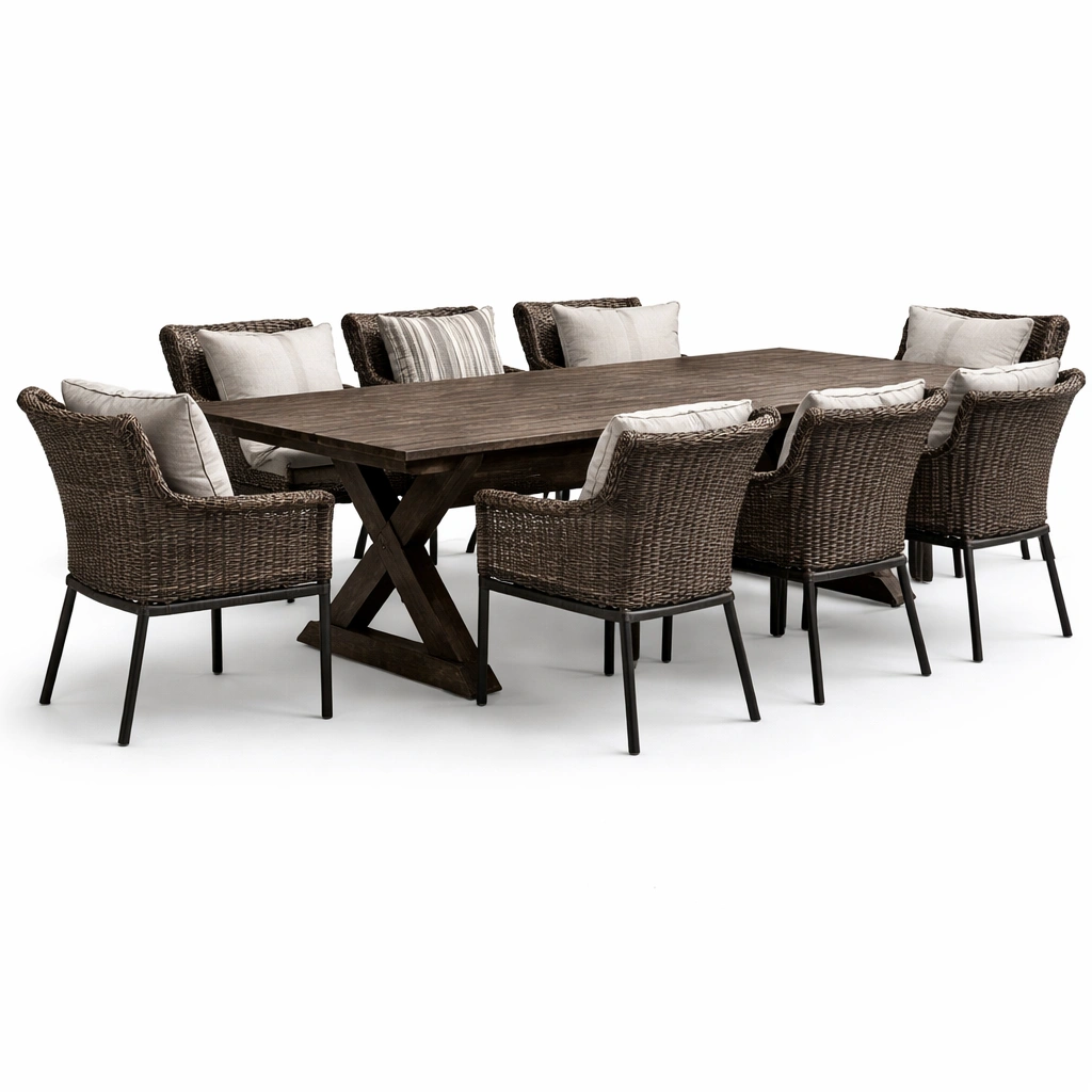 Table repas bois sombre avec chaises rotin coussins-norqiro