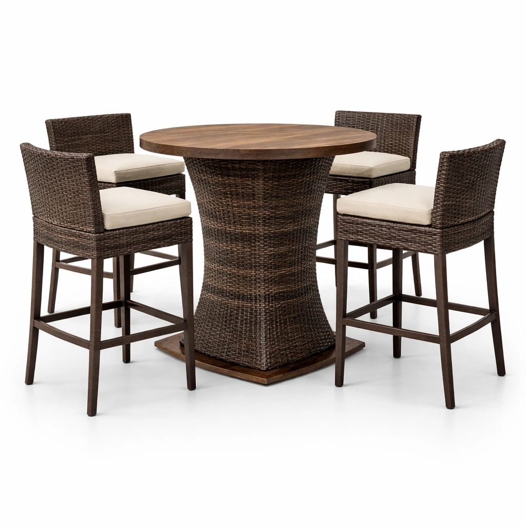 Table haute ronde bois avec quatre chaises style bar-norqiro