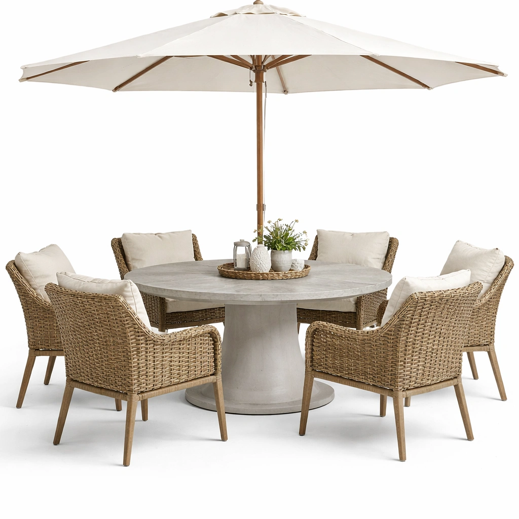 Table ronde exterieur avec chaises rotin et parasol-norqiro