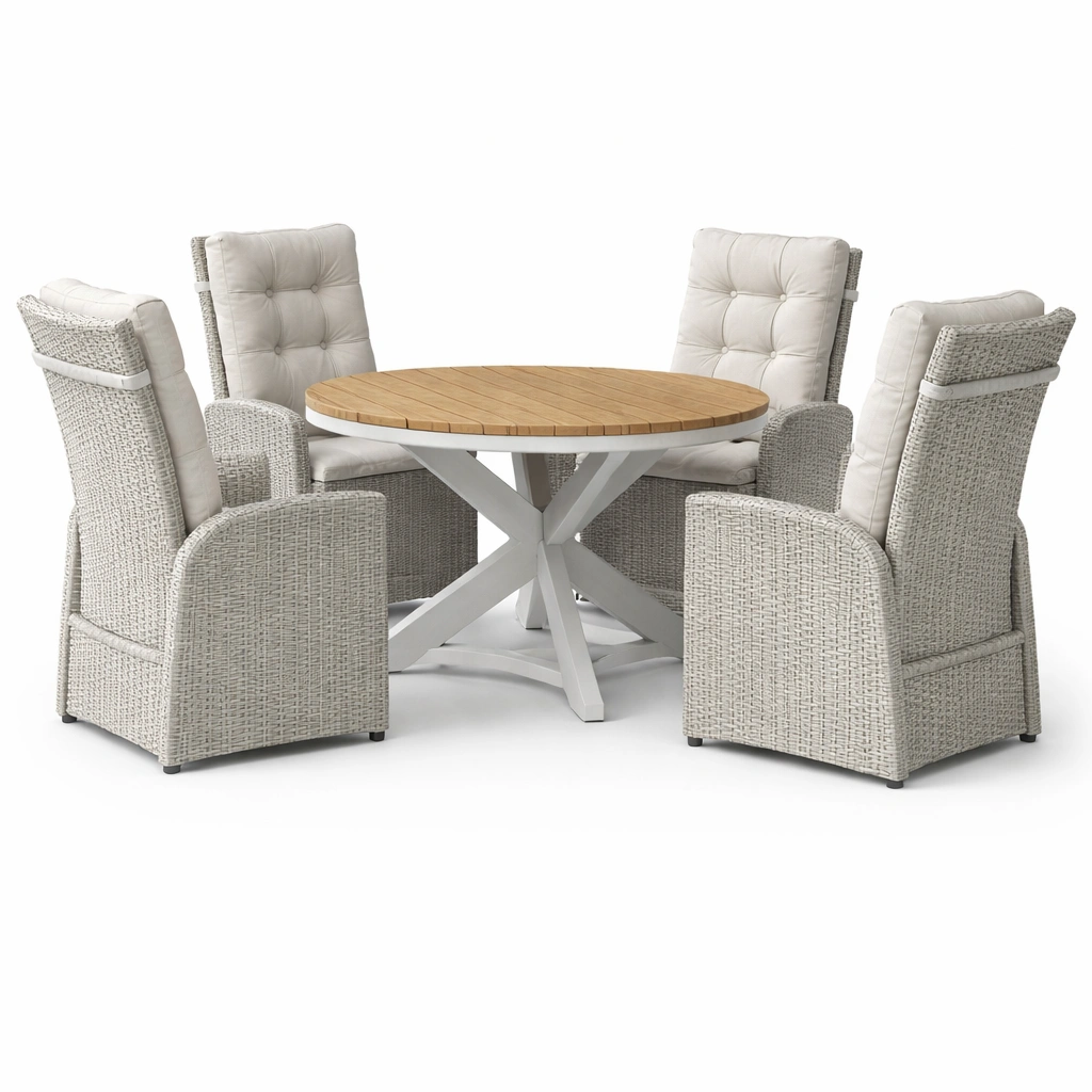 Table ronde bois avec fauteuils rotin rembourrs-norqiro
