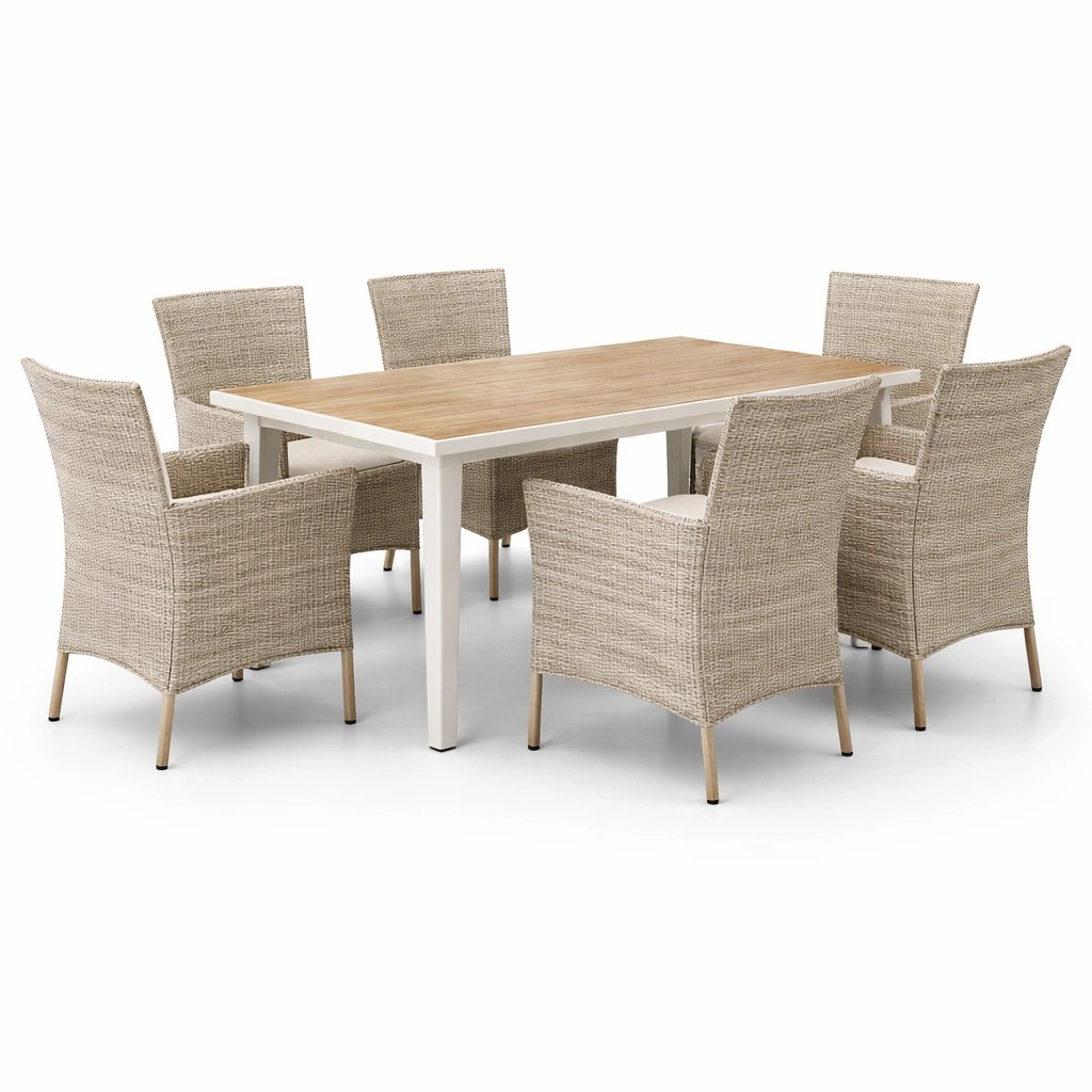Table rectangulaire bois avec six chaises rotin-norqiro