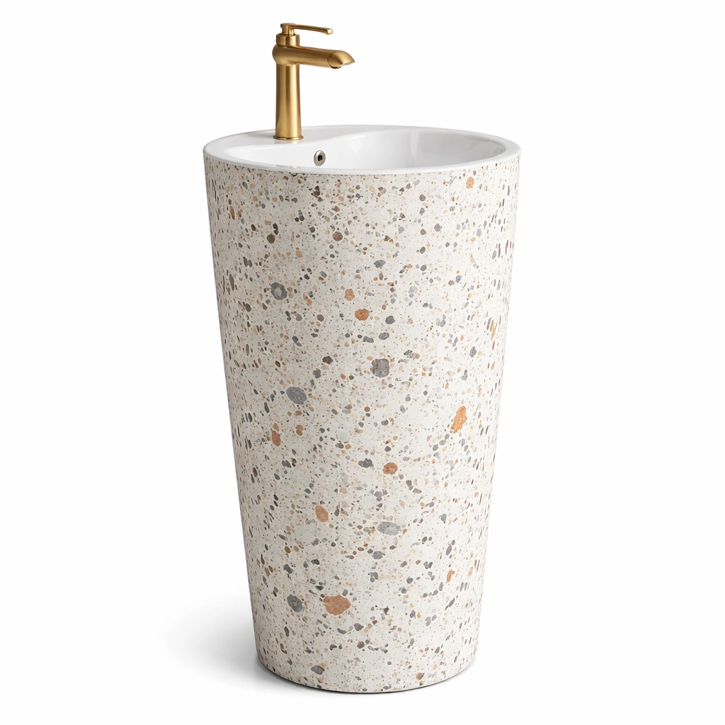 Lavabo colonne terrazzo beige avec robinet dor-norqiro
