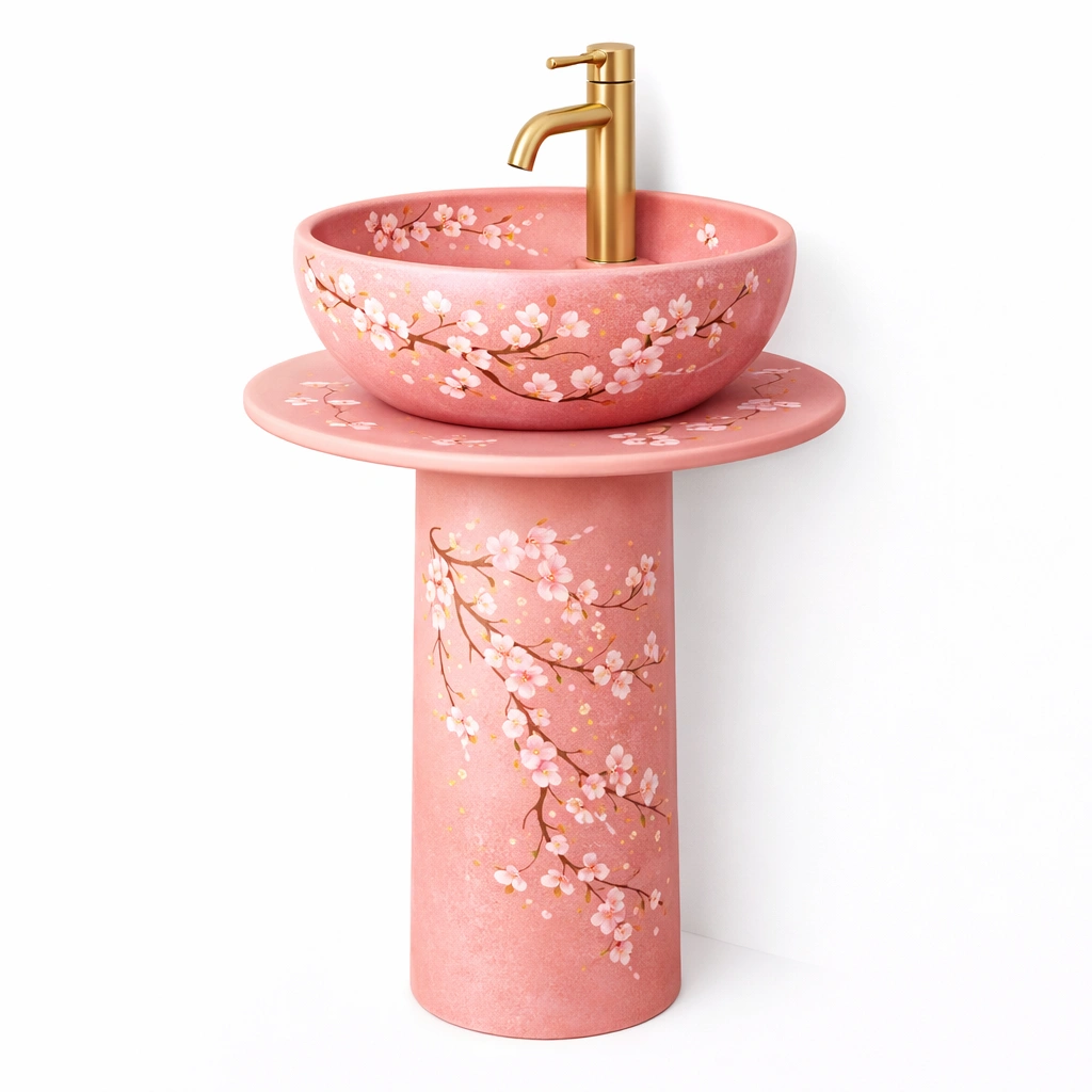 Lavabo colonne rose motif floral avec robinet dor-norqiro