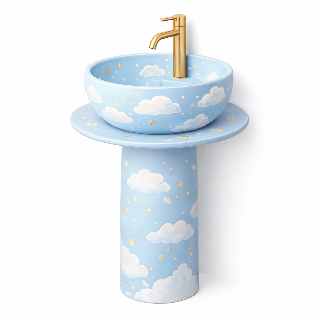 Lavabo colonne bleu ciel motif nuage avec robinet dor-norqiro