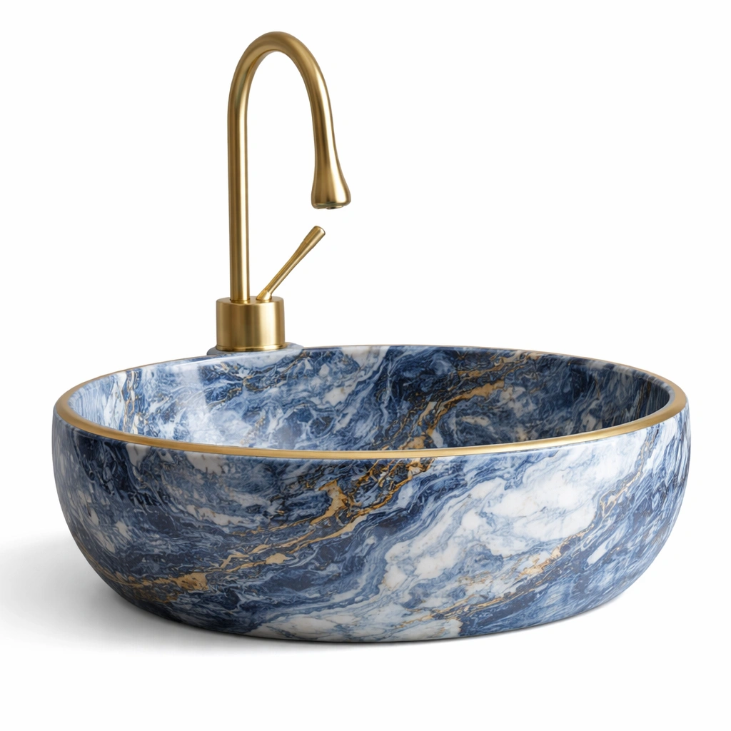 Vasque ronde marbre bleu avec robinet dor-norqiro