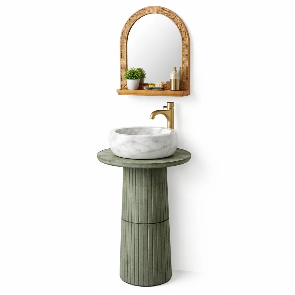 Lavabo colonne marbre blanc base verte avec miroir bois-norqiro