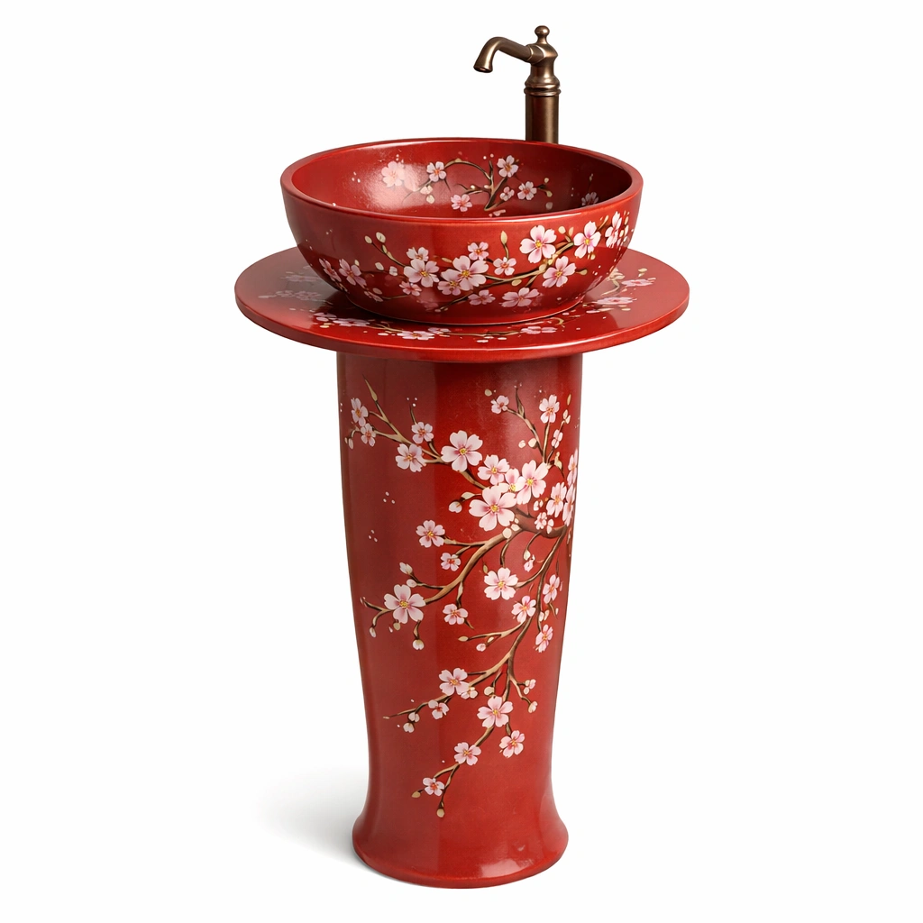 Lavabo colonne rouge motif floral avec robinet bronze-norqiro