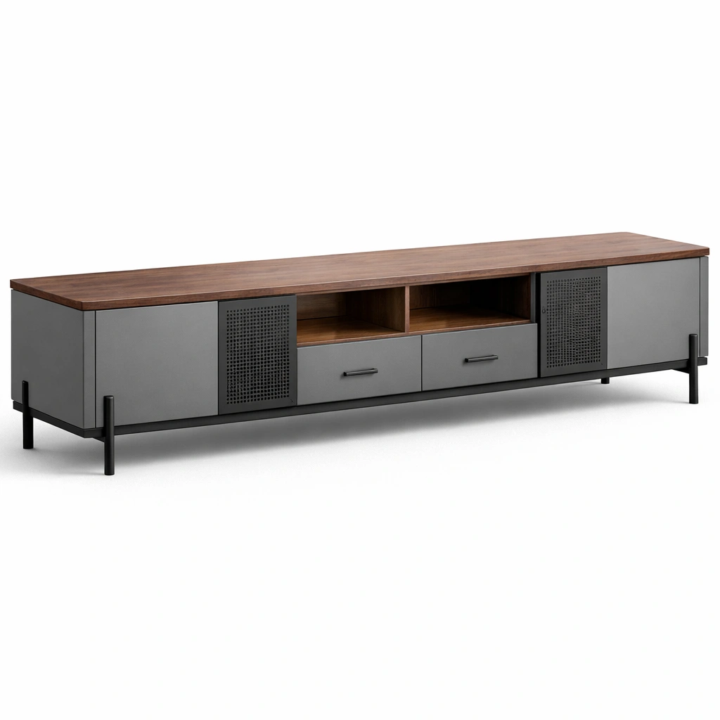 Meuble TV moderne gris avec plateau bois et rangements-norqiro