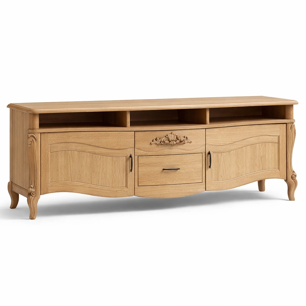 Meuble TV bois clair style classique avec tiroirs-norqiro