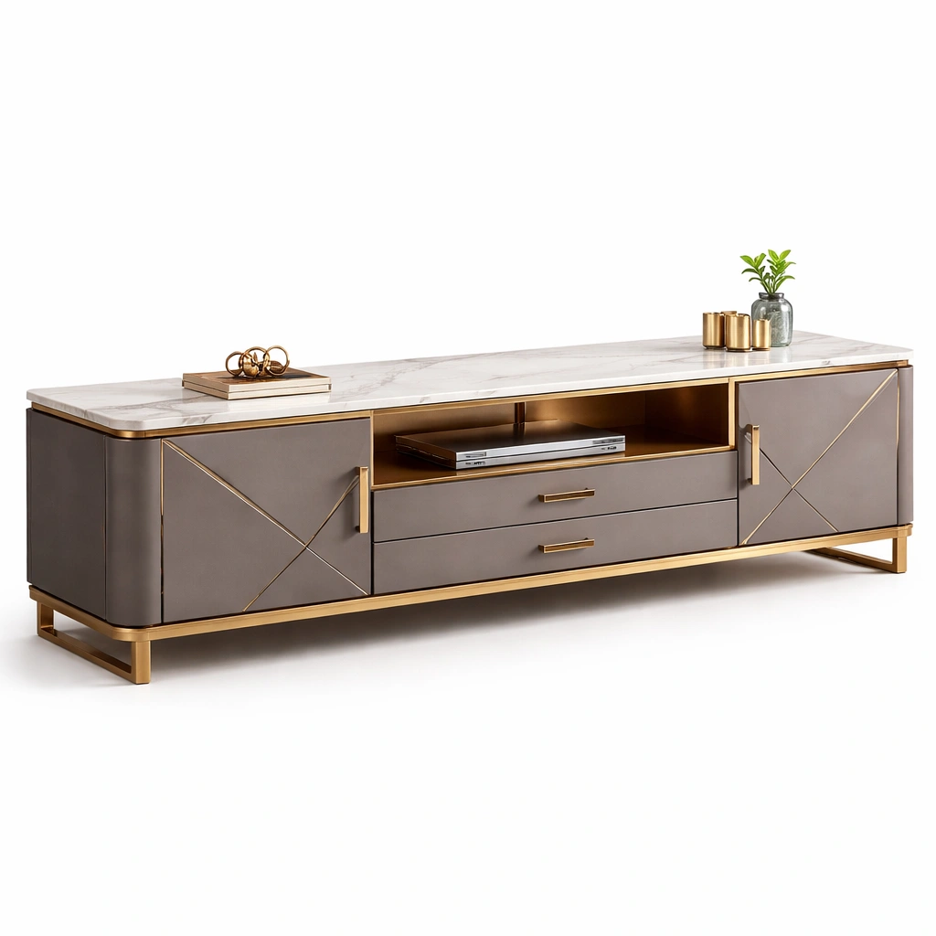 Meuble TV marbre blanc et bois avec dtails dors modernes-norqiro