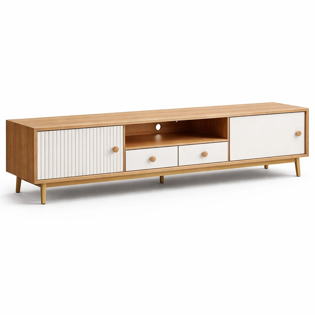 Meuble TV bois clair avec portes blanches et tiroirs-norqiro