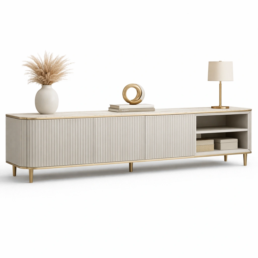 Meuble TV blanc moderne avec portes rainures et rangement-norqiro