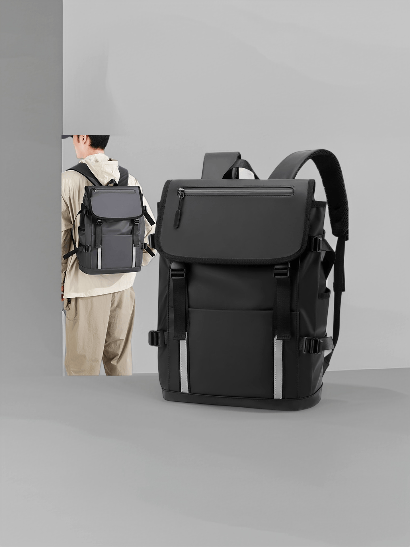 Black/Grey Functional Business Backpack With Safety Reflective Strip