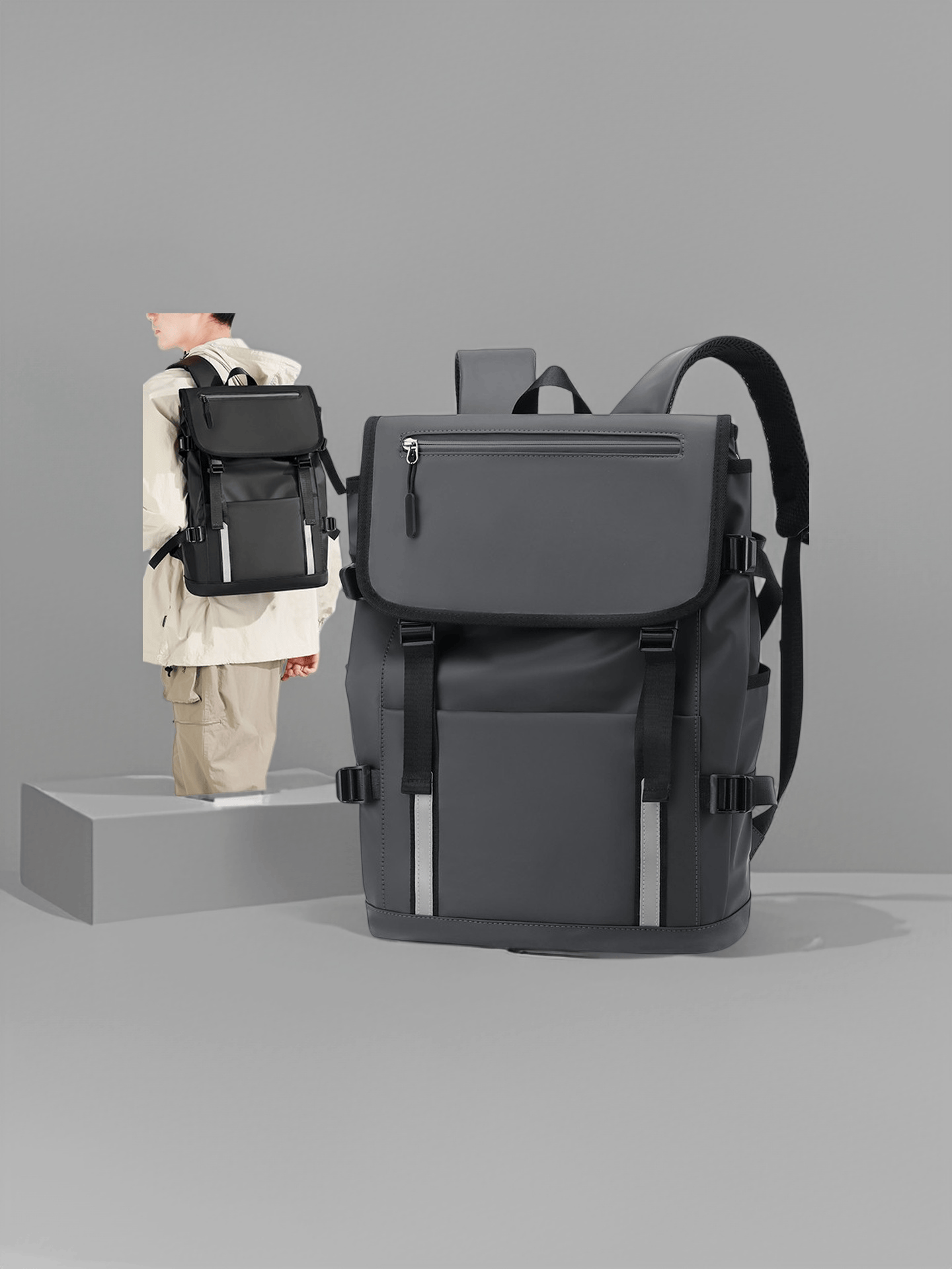 Black/Grey Functional Business Backpack With Safety Reflective Strip