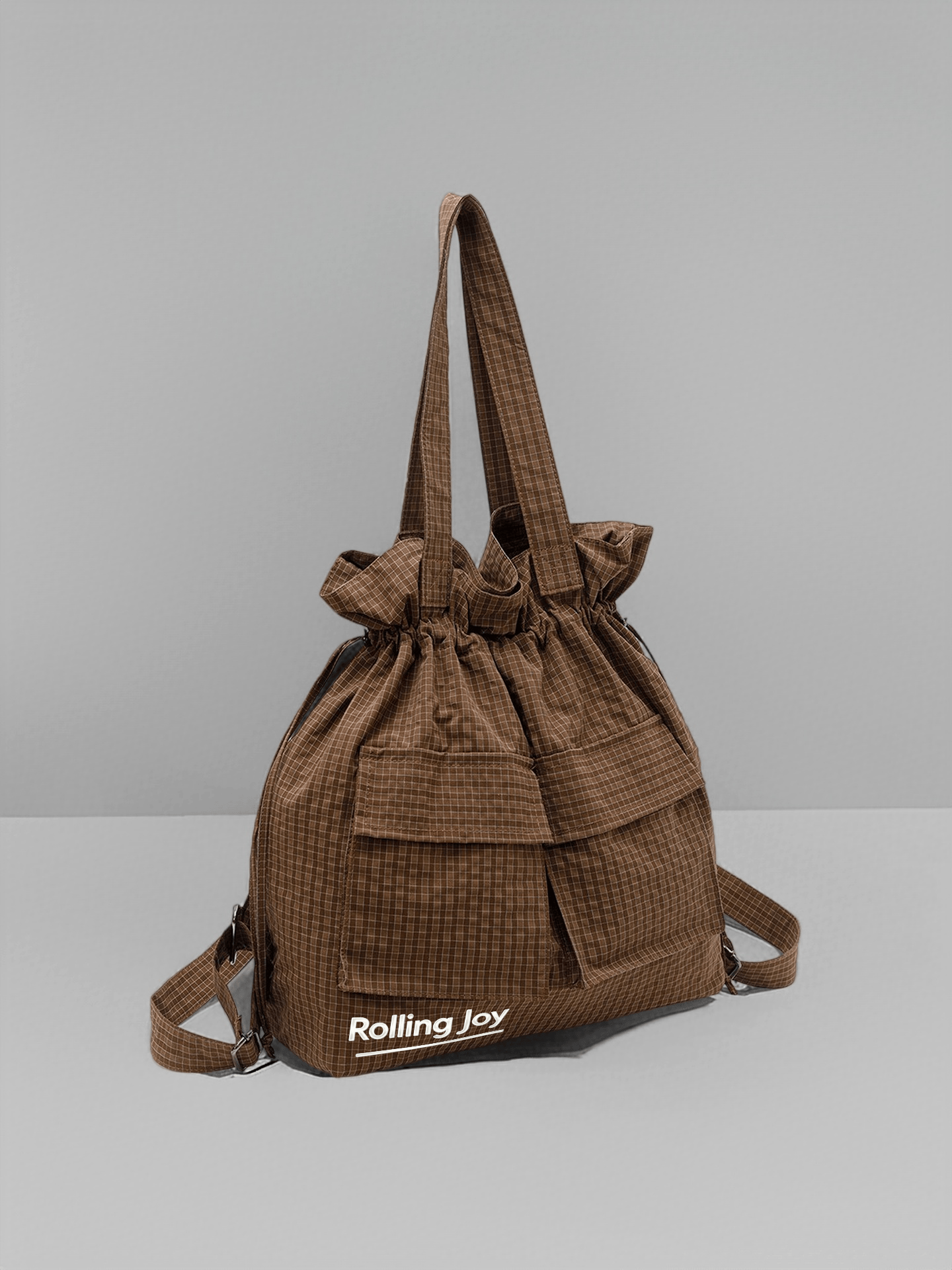 Multi-Purpose Drawstring Tote Bag Casual Grid Shoulder Bag For Daily Use