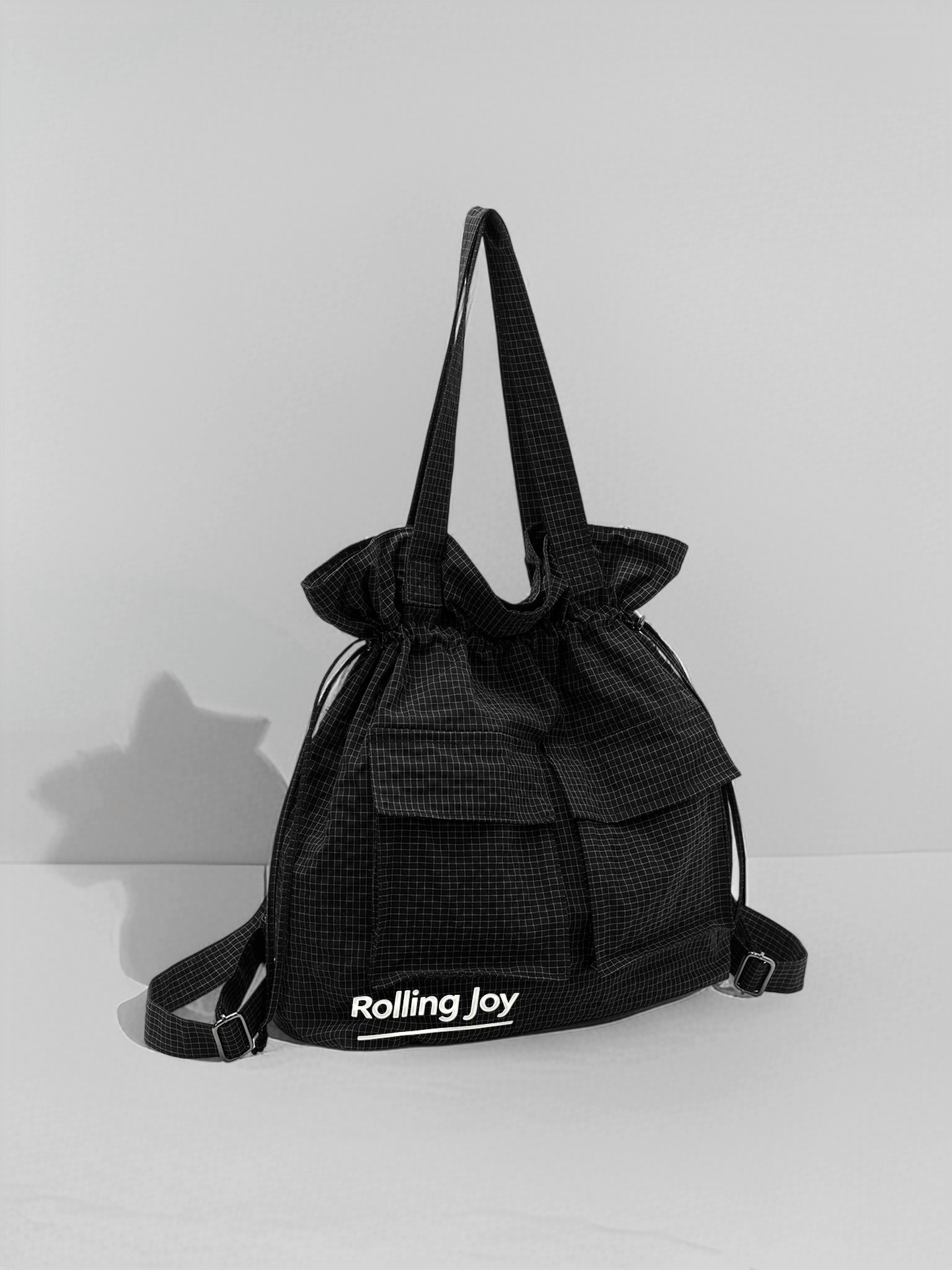 Multi-Purpose Drawstring Tote Bag Casual Grid Shoulder Bag For Daily Use