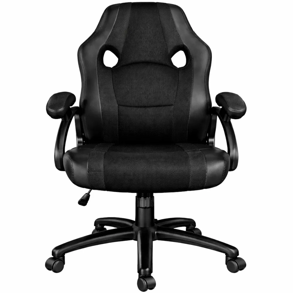 Sedia Ergonomica da Ufficio in Similpelle, Altezza Regolabile, Rotazione 360°, Base Stabile a 5 Ruote, Design Sportivo Nero