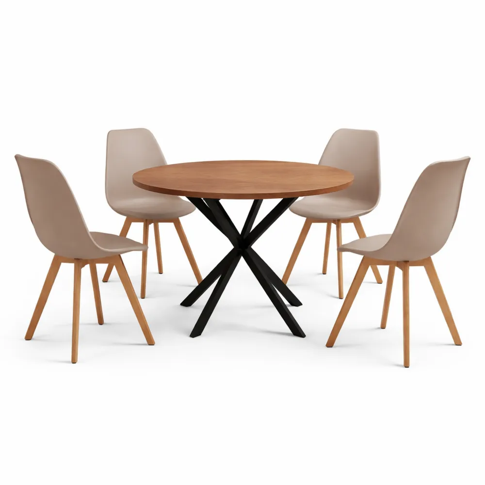 Set Tavolo Rotondo in Legno con Sedie Schienale Alto