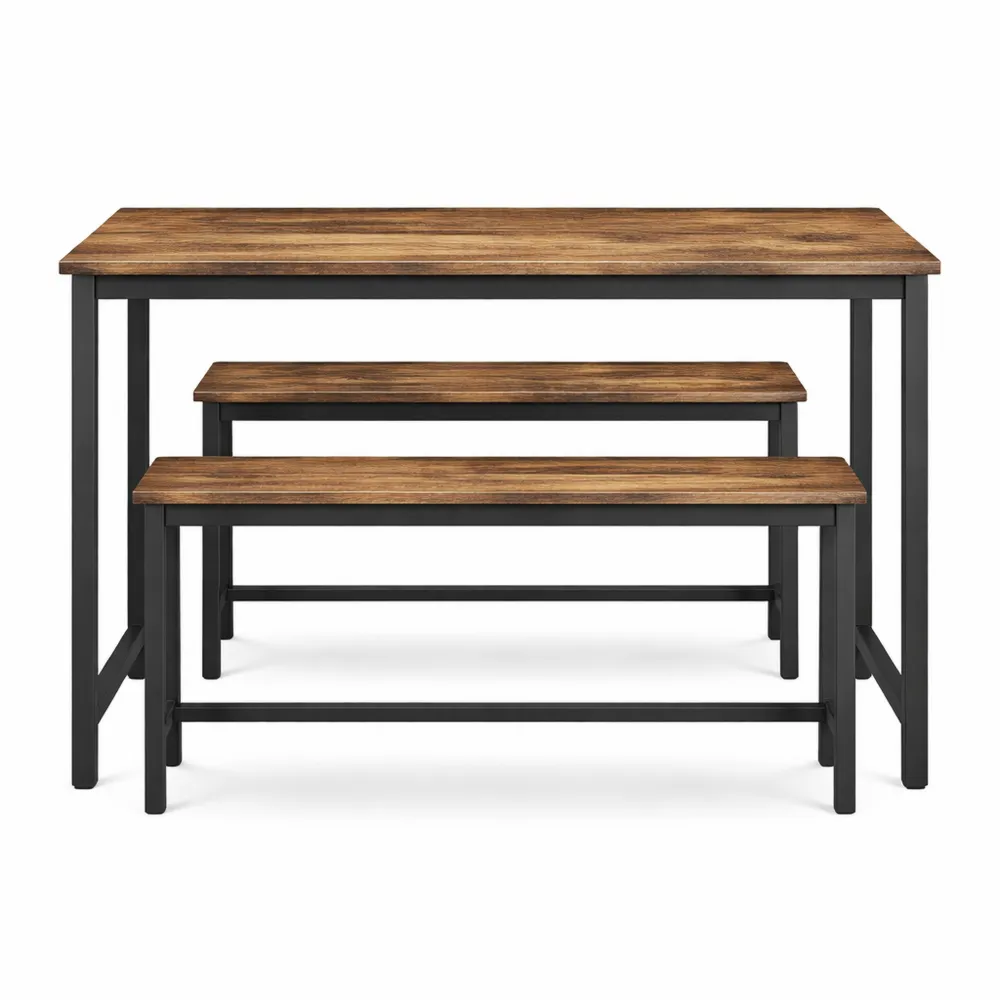 Set Tavolo da Pranzo con 2 Panche, Struttura in Acciaio, Design Vintage