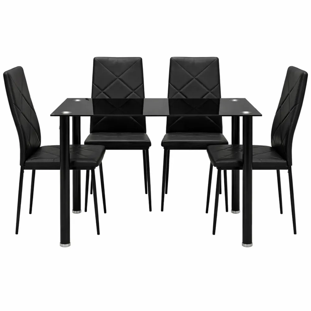 Set tavolo da pranzo con 4 sedie, tavolo rettangolare in vetro e sedie imbottite con schienale alto