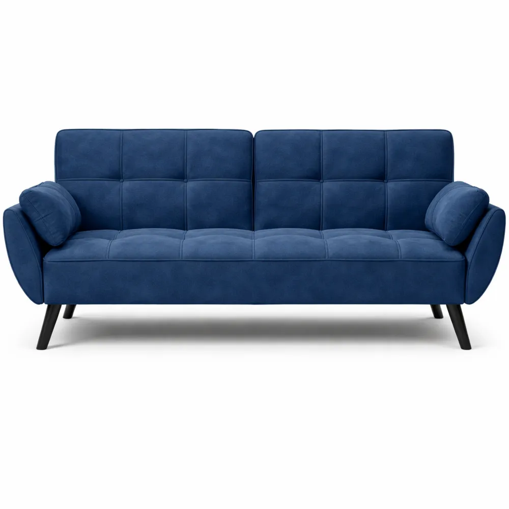 Divano letto in velluto blu a 3 posti con piedi in legno