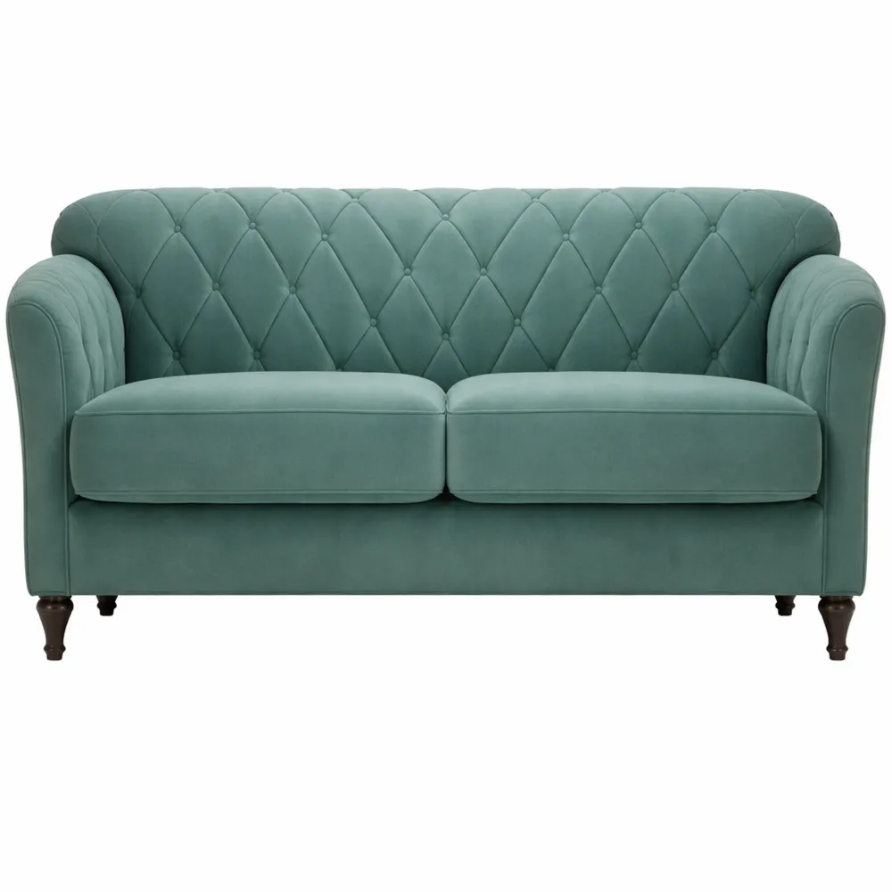 Divano bifamiliare in velluto verde con imbottitura spessa, design retrò