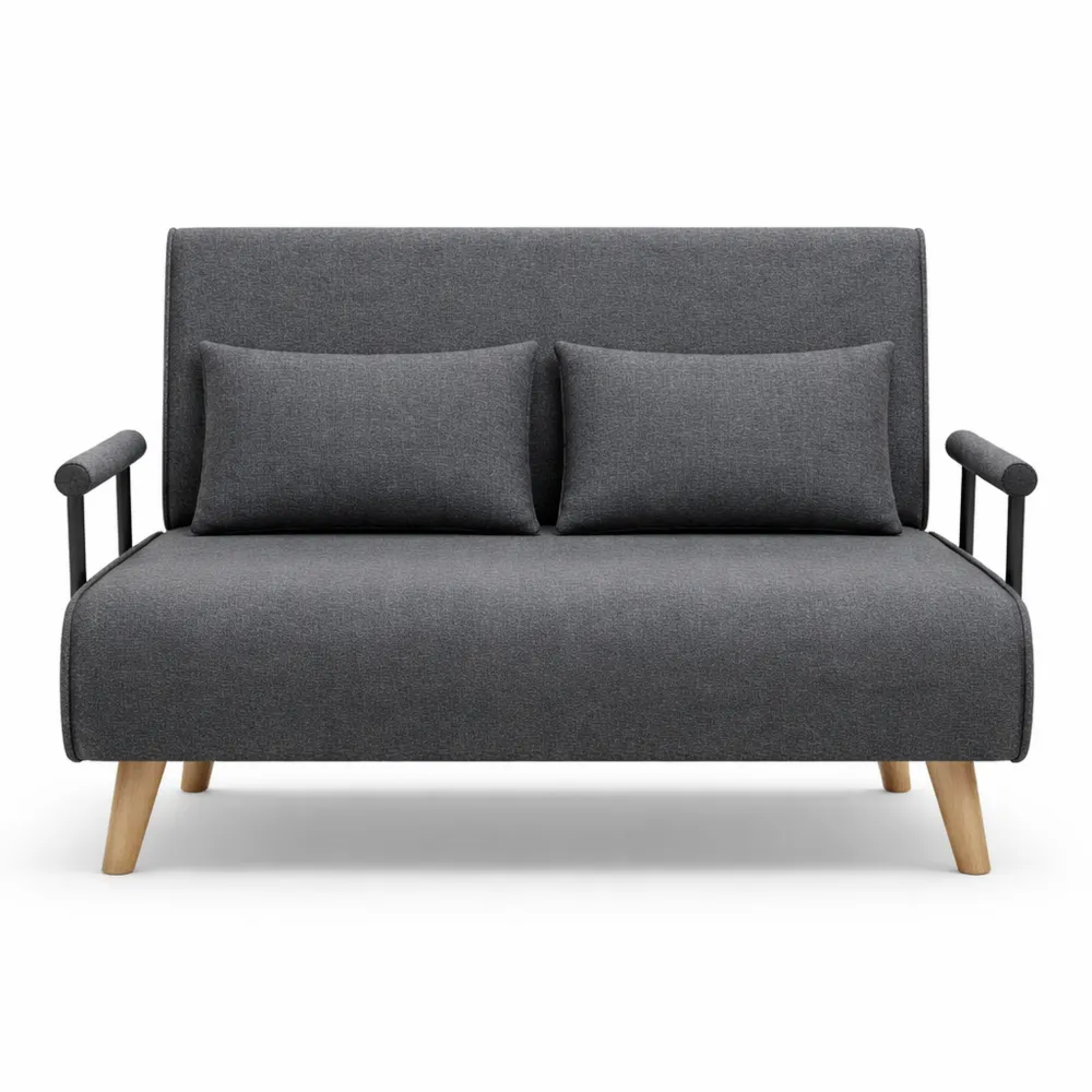 Divano Letto a Due Posti con Schienale Regolabile e Cuscini Grigio Scuro