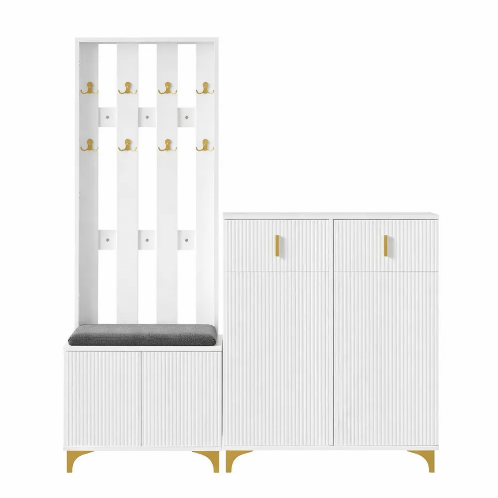 Set appendiabiti con panca e scarpiera a due ante, design ondulato, colore bianco e oro